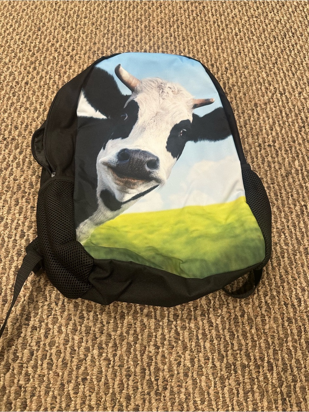 Cow Print Backpack in Black with Pastel Graphic